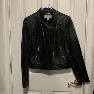Classic black motorcycle cropped sheep skin leather jacket with gold details